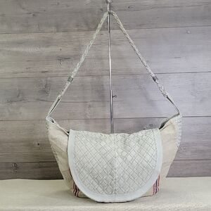 Claramonte Taupe Gray Canvas Leather Woven Slouch Shoulder Bag Hobo Handbag